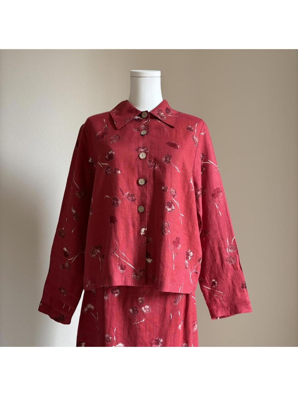 Red linen floral skirt and button up set
